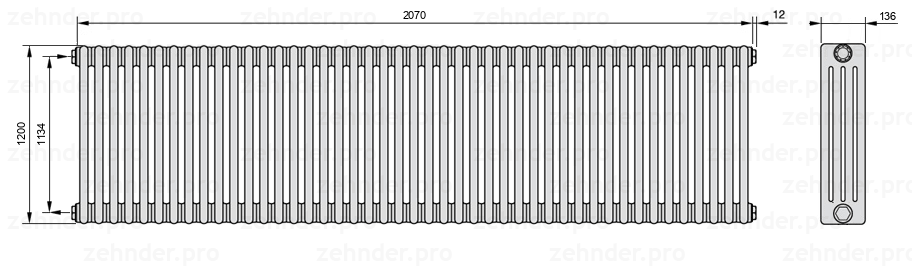 Схема (чертеж) Радиатор Zehnder Charleston 4120/45 №1270 Белый глянцевый RAL 9016